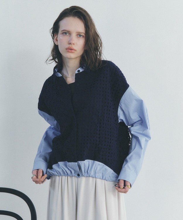 YECCA VECCA レースMIXレイヤードデザインシャツ Stripe Blue