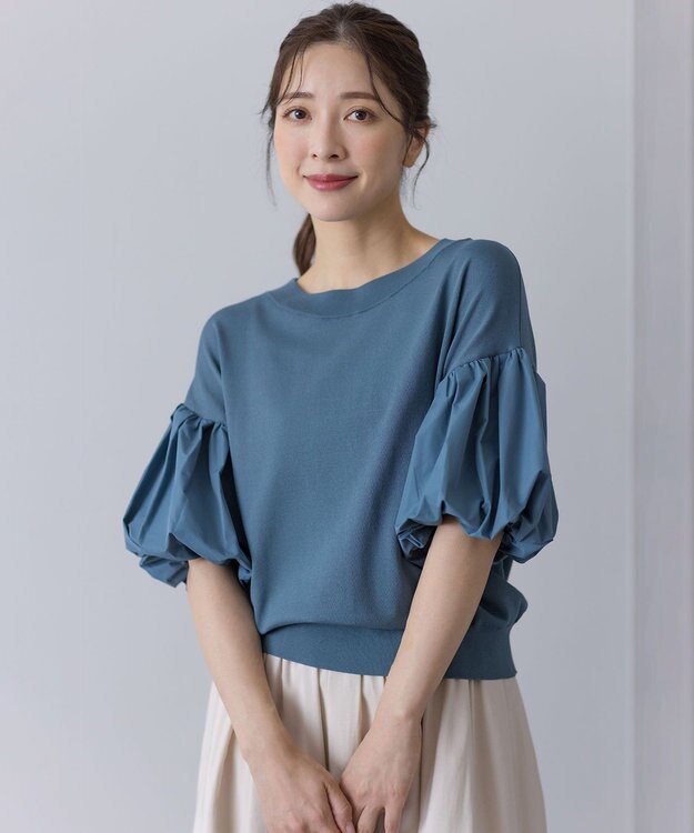 組曲 ストレッチクリアパフ袖 ニット チャコールブルー系