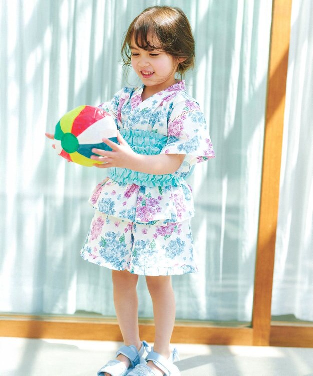 ANY KIDS 【洗濯機可能】簡単帯付き 甚平セット エクリュ×アジサイ
