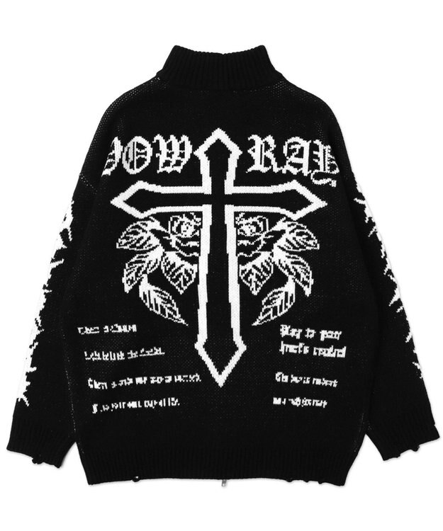 WEGO クロスダメージニットBIGブルゾン ブラック