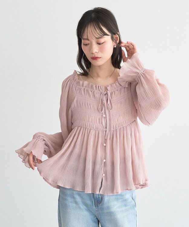 earth music&ecology 【2WAY】シャーリングフリルオフショルブラウス Pink Beige