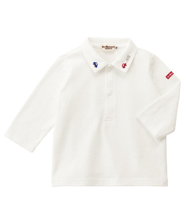 MIKI HOUSE HOT BISCUITS 【70-110cm】 くるま刺繍 長袖ポロシャツ 白