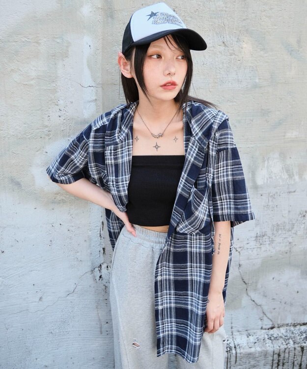 WEGO フードチェックBIGシャツ（S） ネイビー