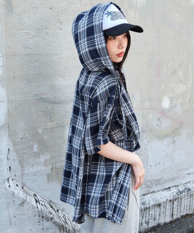 WEGO フードチェックBIGシャツ（S） ネイビー