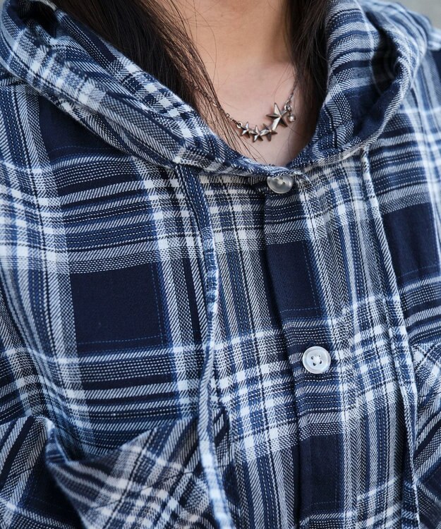 WEGO フードチェックBIGシャツ（S） ネイビー