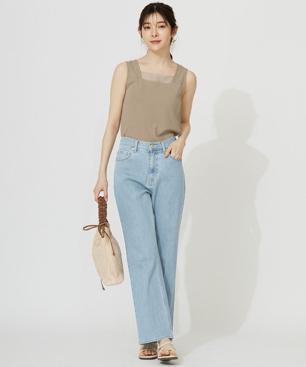 ANY SIS S 【洗える】シアーコンビスクエアネック タンクトップ グレージュ