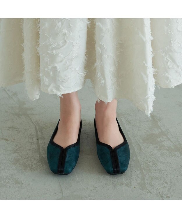 MODE ET JACOMO <carino>スクエアトゥ切り替えデザインフラットパンプス ダークグリーン