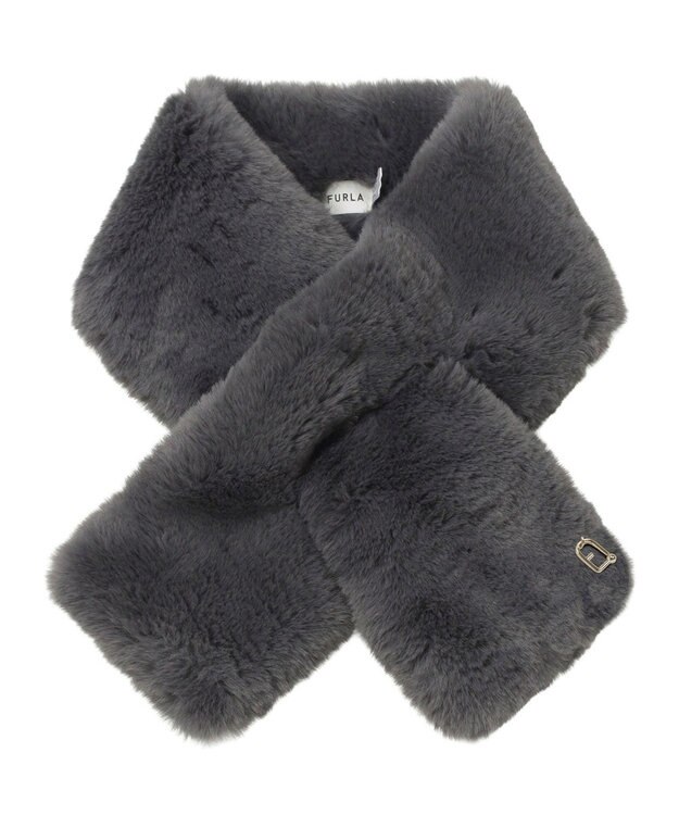 MOONBAT FURLA（フルラ）ビッグ差し込みファーティペット  アーチロゴ フェイクファー ダークグレー