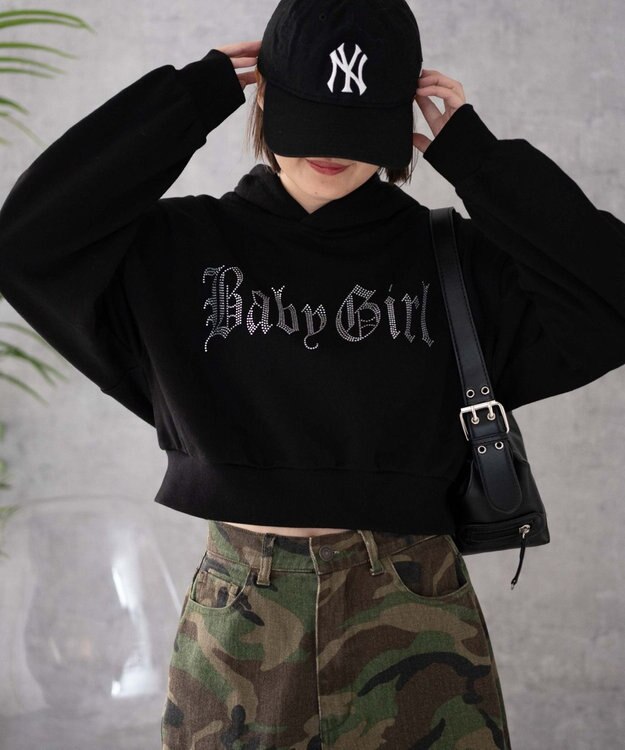 WEGO ラインストーンショートプルパーカー ブラック