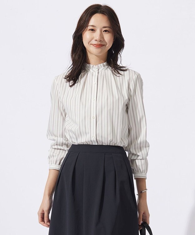 J.PRESS LADIES 【洗える】ランダムストライプ フリルネック ブラウス ホワイト系1