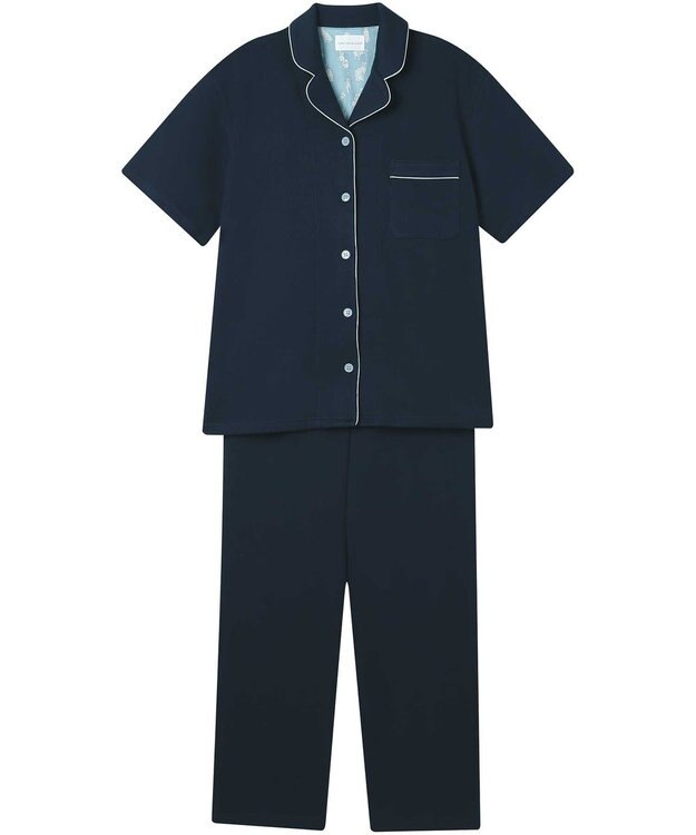 une nana cool 【綿混】ソフトコットンリブ 半袖開襟パジャマ MADE WITH LIBERTY FABRIC ネイビー