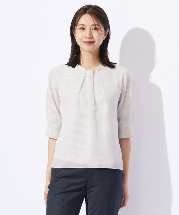 J.PRESS LADIES L シャドーストライプ ボウタイ風 カットソー グレージュストライプ系