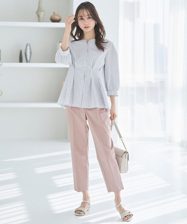 ANY SIS 【洗える】タックペプラムシャツ ブラウス オフストライプ