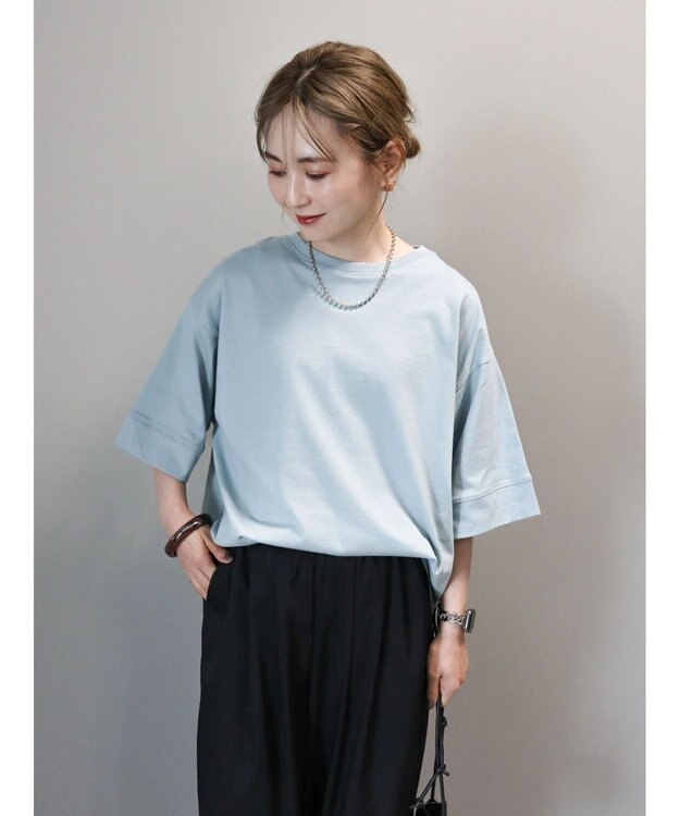 AMERICAN HOLIC 接触冷感ＳＺ５分袖カットプルオーバー Sax