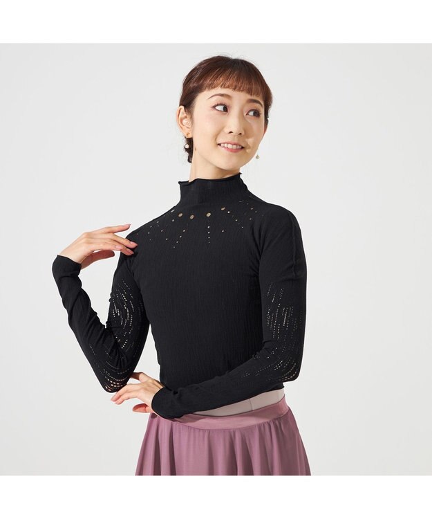 Chacott 【ノーソーイングニット】スタッズハイネックショートトップ ブラック