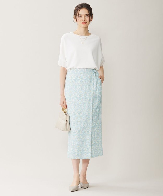自由区 【洗える】ダマスクフローラルプリント スカート ライトブルー