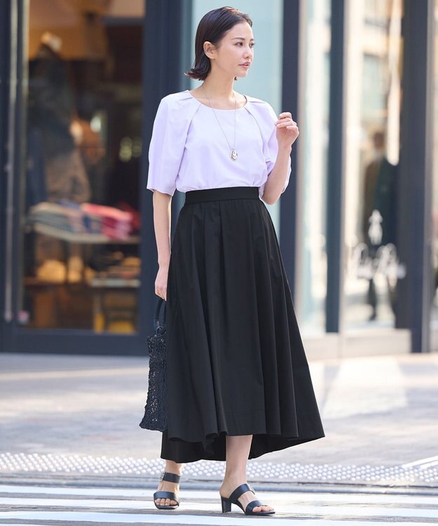 自由区 【XSサイズ～/洗える】ストレッチタイプライター タックギャザースカート ブラック系