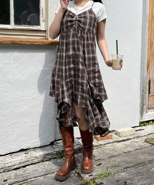 WEGO チェックイレヘムキャミワンピース ブラウンチェック1