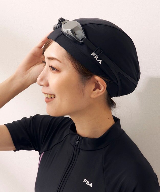 OP／FILA 【FILA】フルジップ半袖フィットネス水着4点セット/キャップ＆ミラーゴーグル付き ブラック×ミント