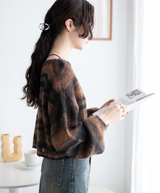 WEGO 段染めボーダーモヘアライクニット ブラウン