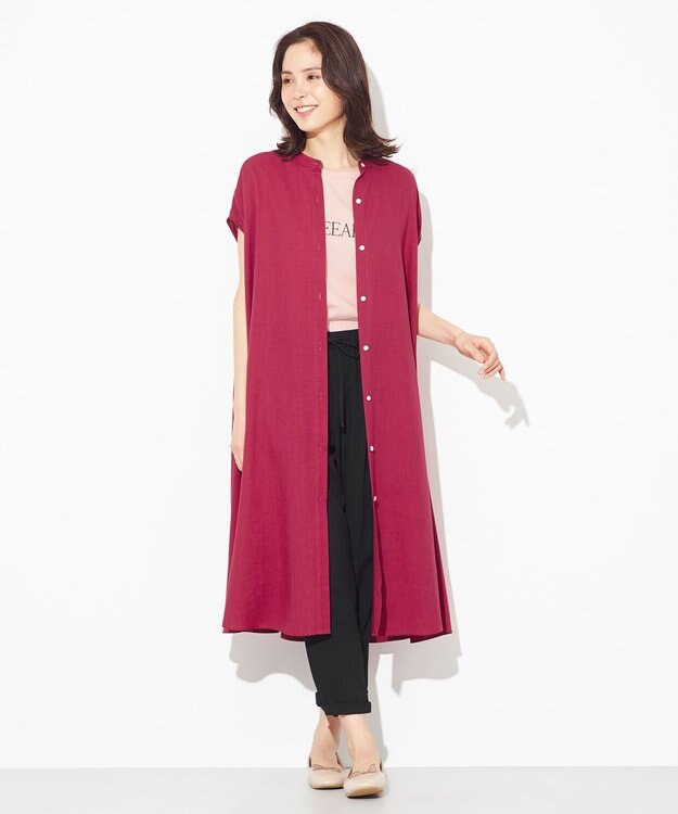 ANY 【洗える】バンドカラーとろみ ワンピース バーガンディ