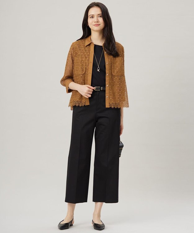 自由区 S 【UVカット・接触冷感・洗える】コットンサテンクロップド丈ワイドストレート パンツ ブラック