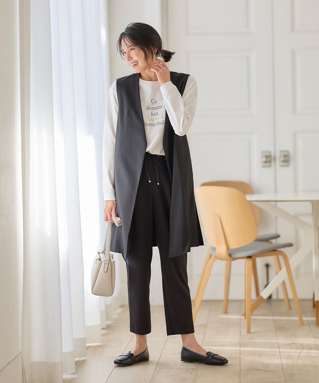 ANY 【ウエストゴム/ストレッチ/セットアップ可】イージィケアストレッチテーパードパンツ ブラック