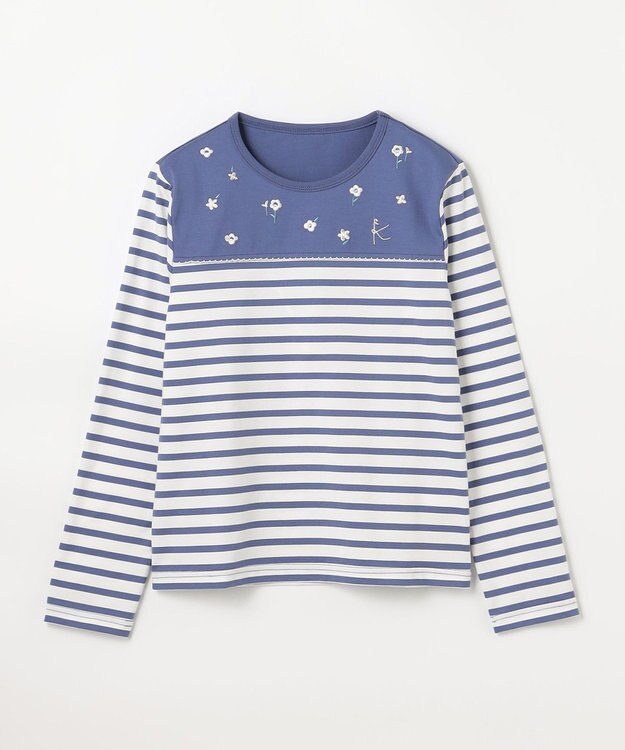 組曲 KIDS 【150-160㎝】フラワー刺繍ボーダー Tシャツ ダスクブルー系