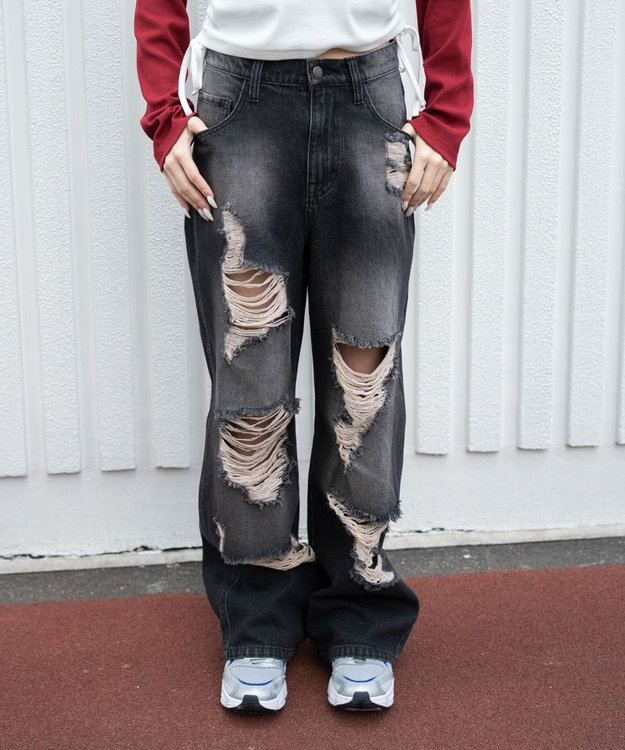 WEGO ダメージストレートデニムパンツ デニムブラックソノタ