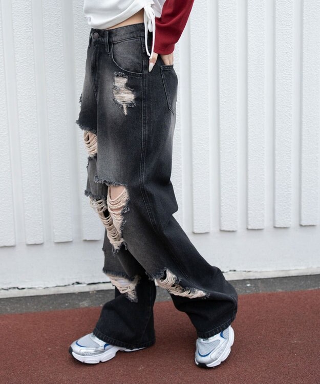 WEGO ダメージストレートデニムパンツ デニムブラックソノタ