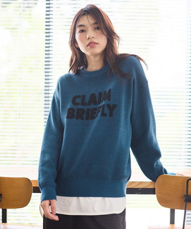 ANY L スウェットライクフェザーロゴニット ターコイズ×ブラック