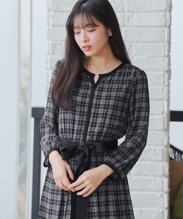 Tiaclasse L シアーチェック配色ワンピース ブラック