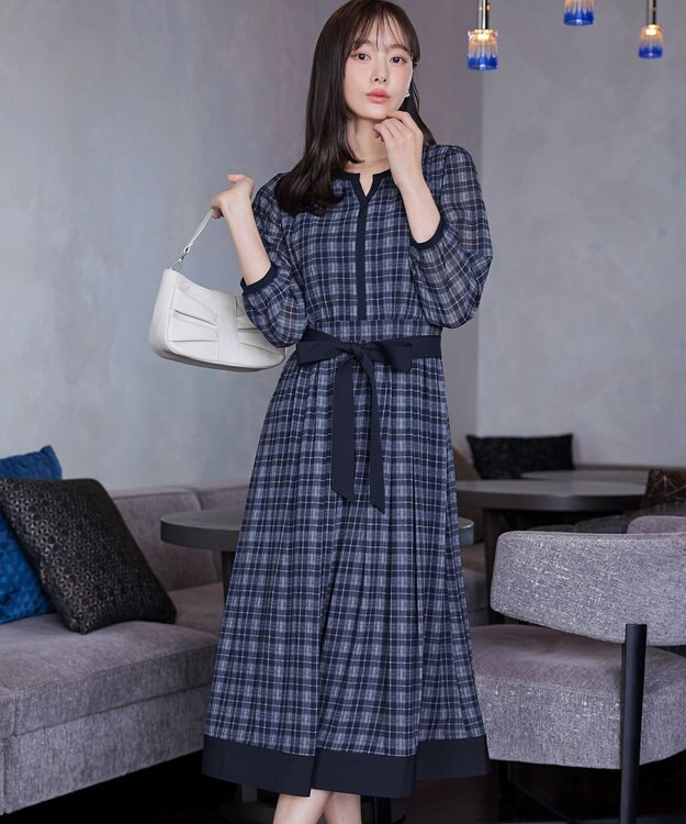 Tiaclasse L シアーチェック配色ワンピース ネイビー