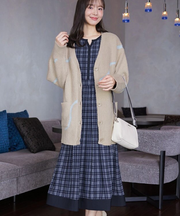 Tiaclasse L シアーチェック配色ワンピース ネイビー