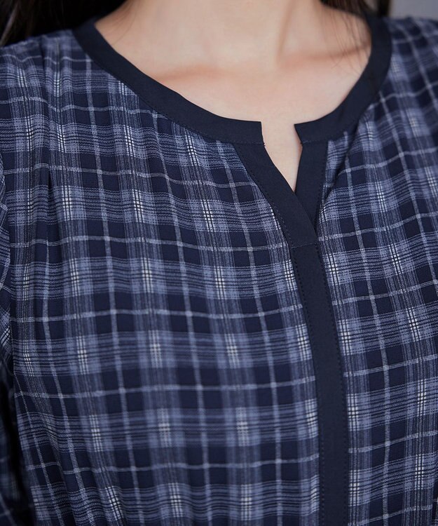 Tiaclasse L シアーチェック配色ワンピース ネイビー