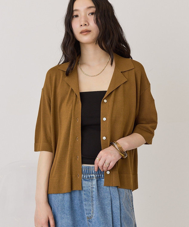 AMERICAN HOLIC 襟付き5分袖ニットカーディガン Off White