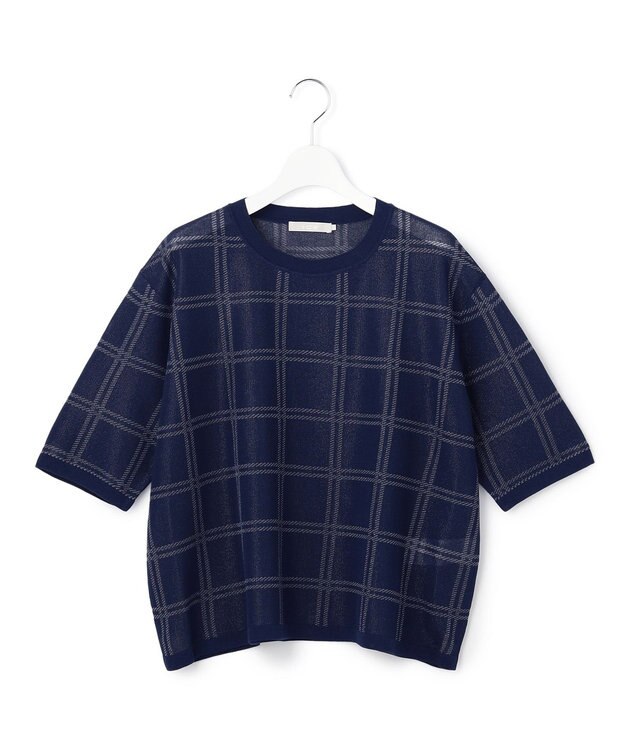 ICB L シアーチェック ニットT ネイビー×シルバー
