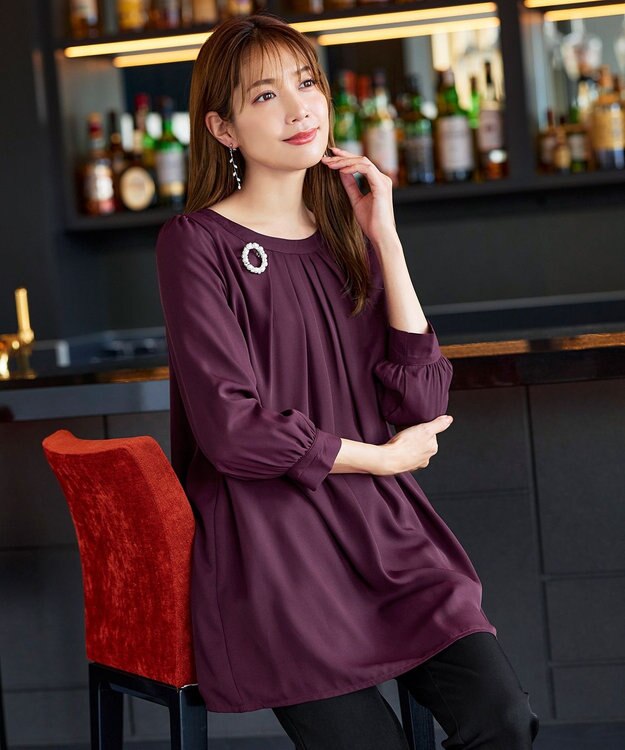 Tiaclasse L 【新色追加・洗える】裏起毛ジョーゼット胸元タックチュニックブラウス ボルドー