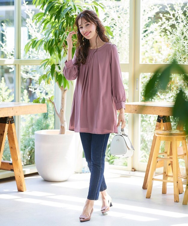 Tiaclasse L 【新色追加・洗える】裏起毛ジョーゼット胸元タックチュニックブラウス ピンク