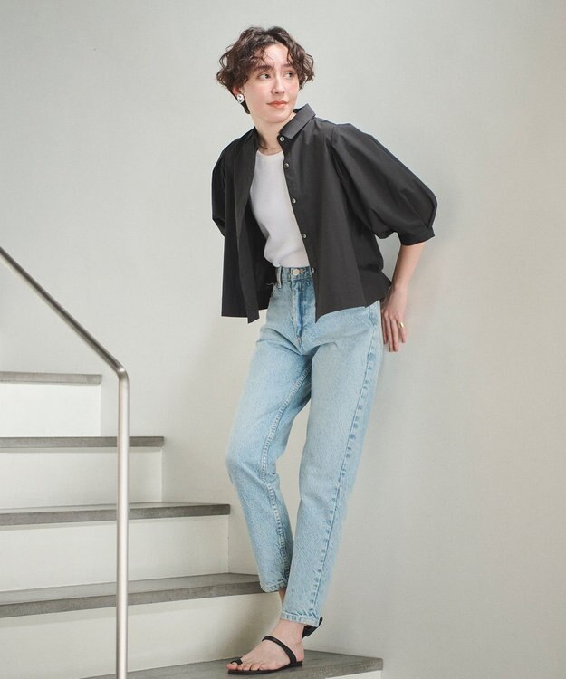 #Newans 【イージーケア】タックスリーブショート丈シャツ ブラック系