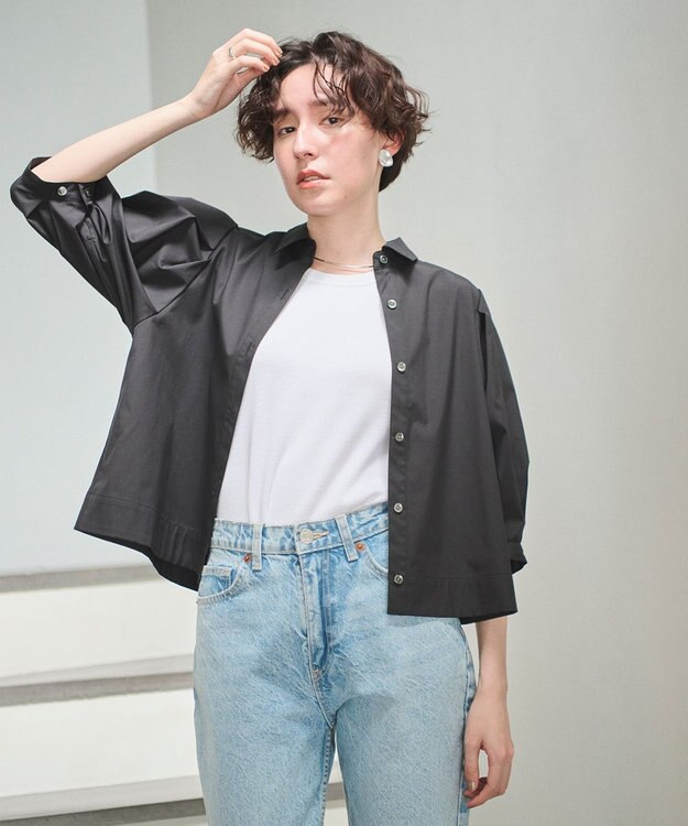 #Newans 【イージーケア】タックスリーブショート丈シャツ ブラック系