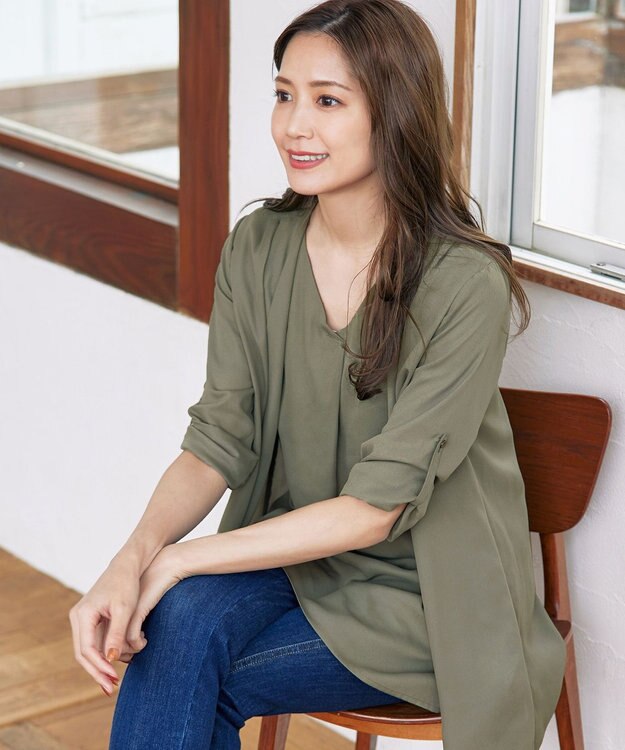 Tiaclasse L 【洗える】シフォンドレープカーディガン カーキ