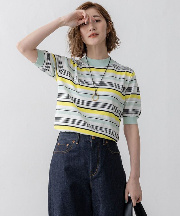 23区 L 【VERY3月号掲載/洗える】プレミアムビオコットン 半袖 マルチボーダー ニット ミントベース