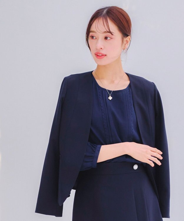 Tiaclasse L 【洗える】ピンタックレースブラウス ネイビー