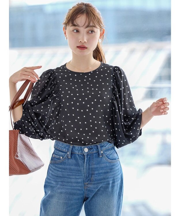 AMERICAN HOLIC ギャザースリーブドットブラウス Black