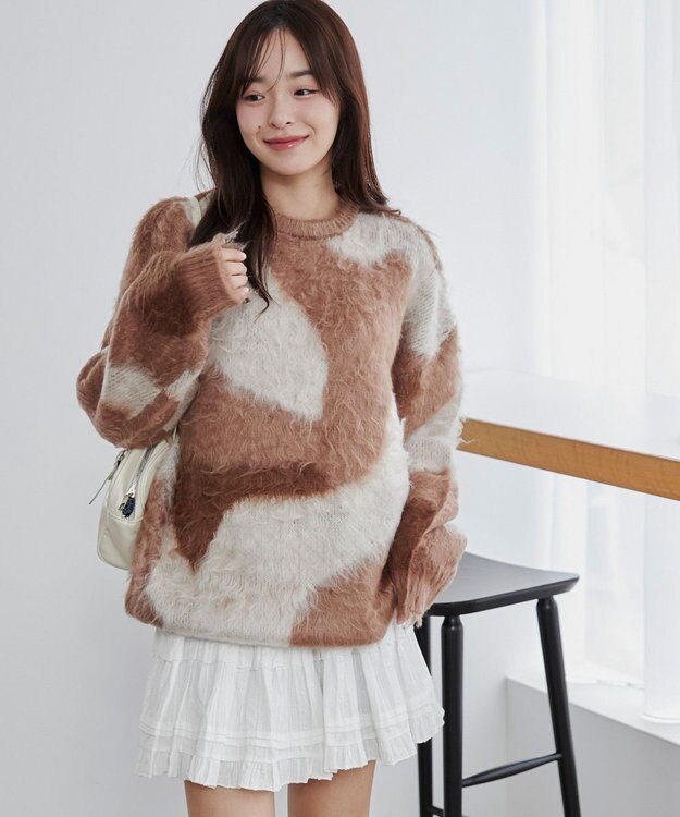 WEGO 【ユニセックス着用ITEM】マーブルシャギーニットプルオーバー ベージュ