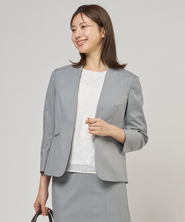 J.PRESS LADIES 【セットアップ対応・洗える・撥水】コットンFITTY ノーカラー ジャケット グレー系