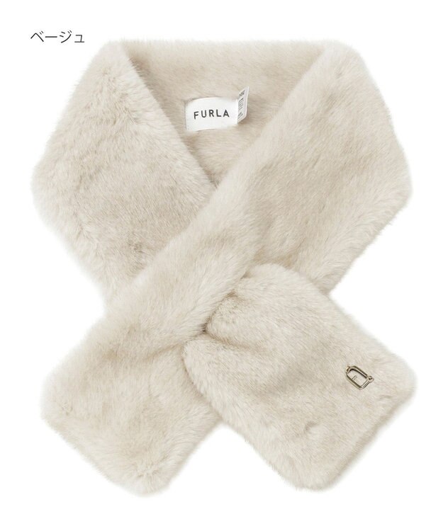 MOONBAT FURLA（フルラ）差し込みファーティペット マフラー アーチロゴ フェイクファー ベージュ