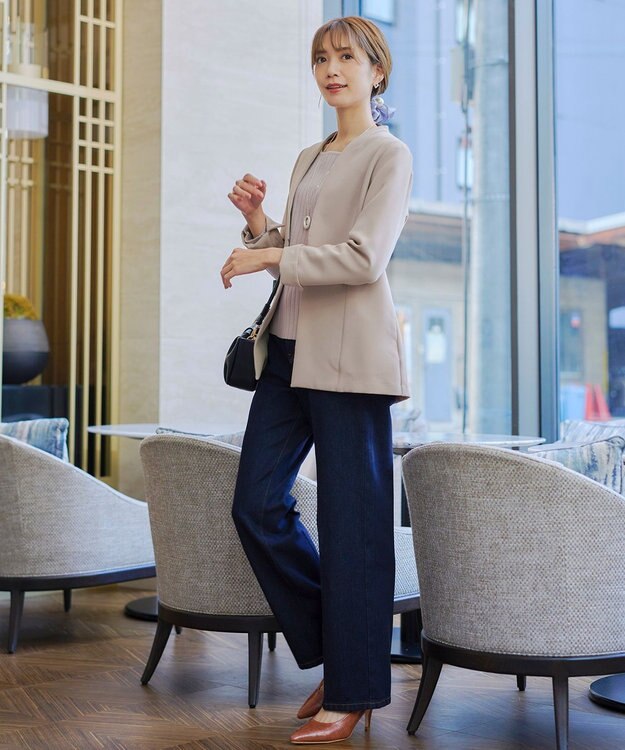 Tiaclasse 【ダブルストレッチ・洗える】カラーレスロングジャケット グレージュ