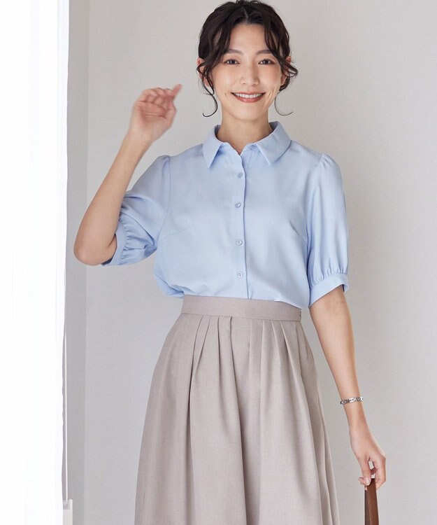 Tiaclasse L 【洗える】パフスリーブシャツブラウス サックス